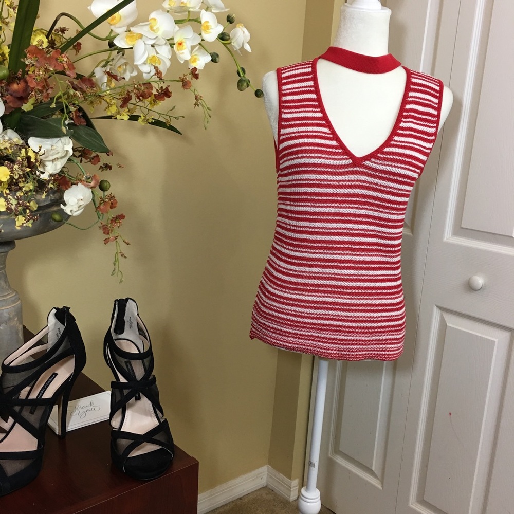 LUCY PARIS V-NECK SLEEVELESS STRIPE TOP, RED AND WHITE, SIZE LARGE (NWT)